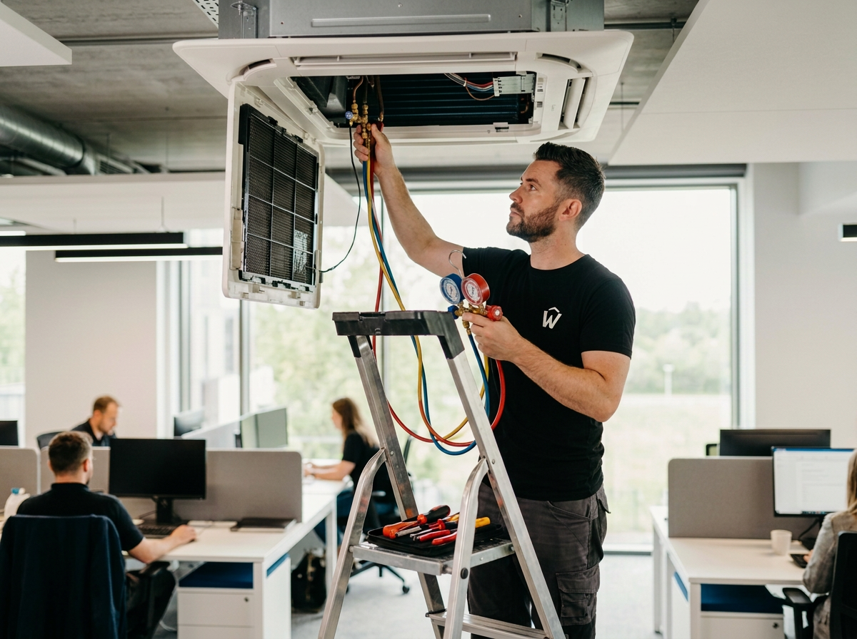 Engineer servicing a ceiling air conditioning unit in an office