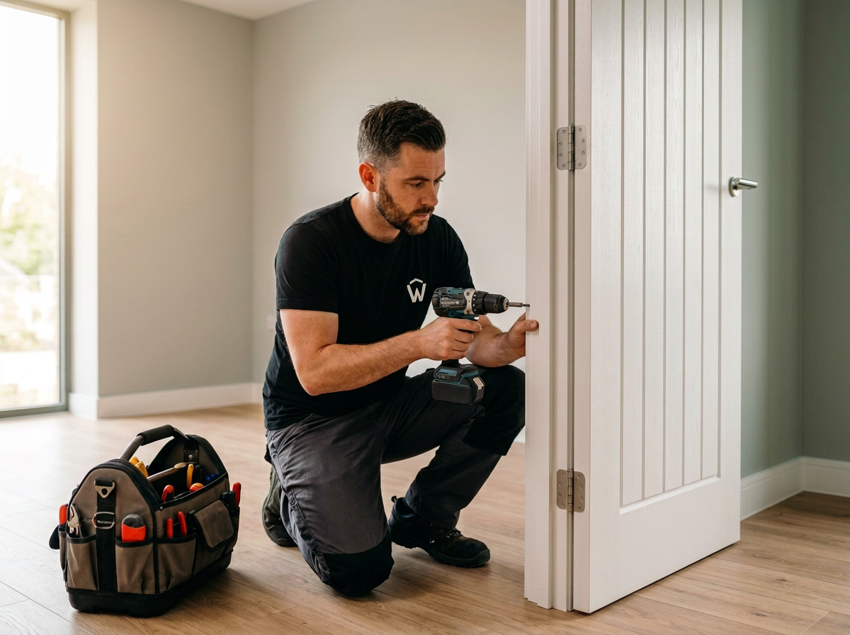 Engineer refitting an interior door with a cordless drill