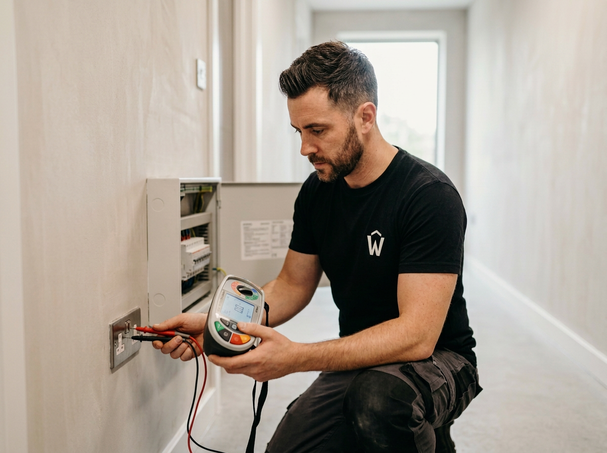 Engineer testing a socket with an electrical tester