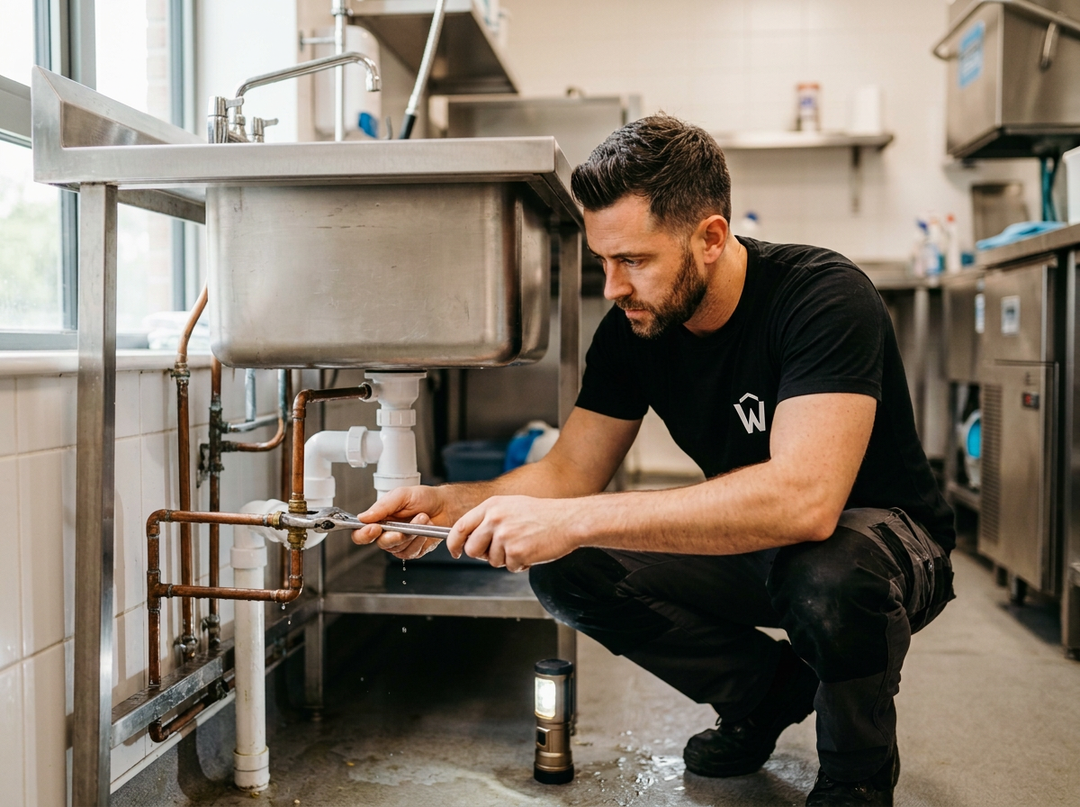 Engineer repairing pipework beneath a sink