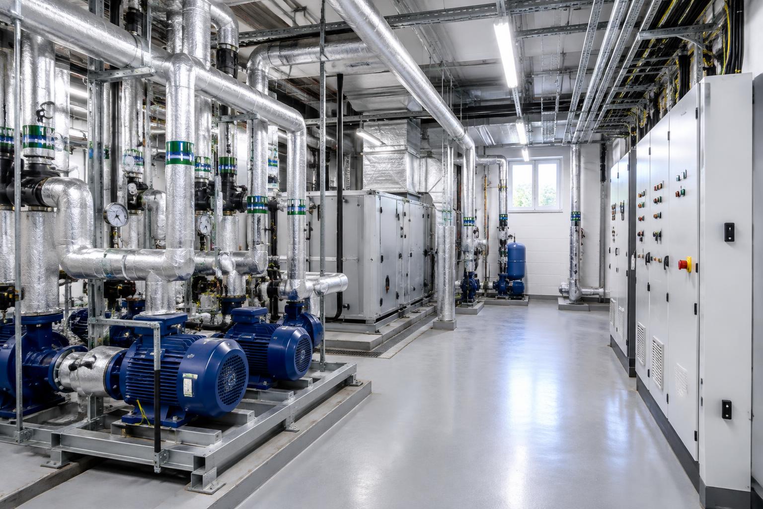 Commercial plant room with mechanical equipment and electrical cabinets